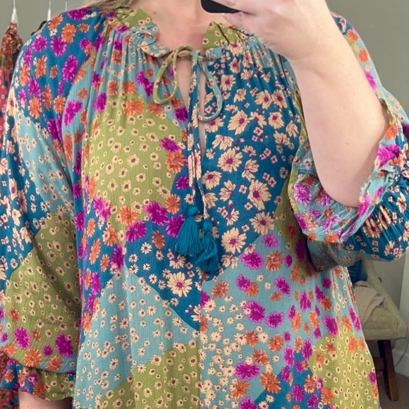 New Easel Floral Patchwork Print Rayon Gauze Long Sleeve Dress - Picture 5 of 6